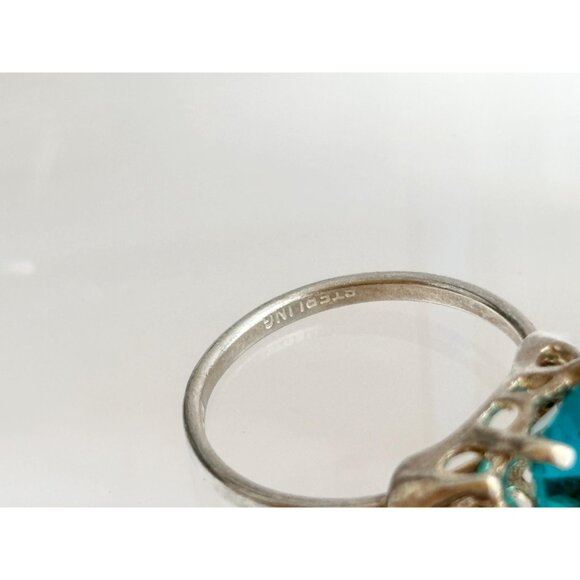 Sarah Coventry Teal Tourmaline Emerald Cut 925 Sterling Silver Vintage Ring sz 7 - Picture 7 of 12